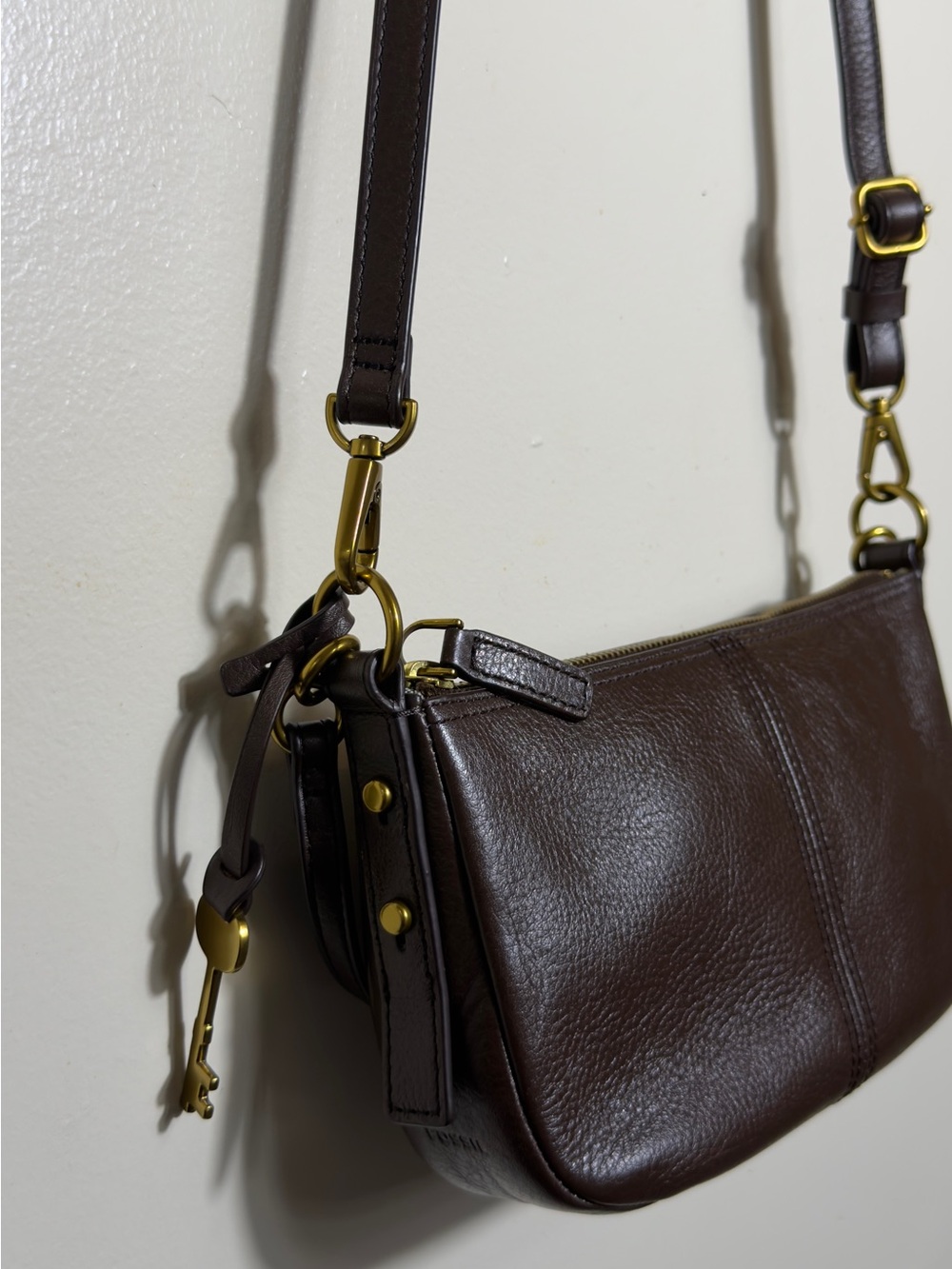Fossil Jolie Brown Pebbled Leather Baguette Shoulder Bag - Picture 15 of 15